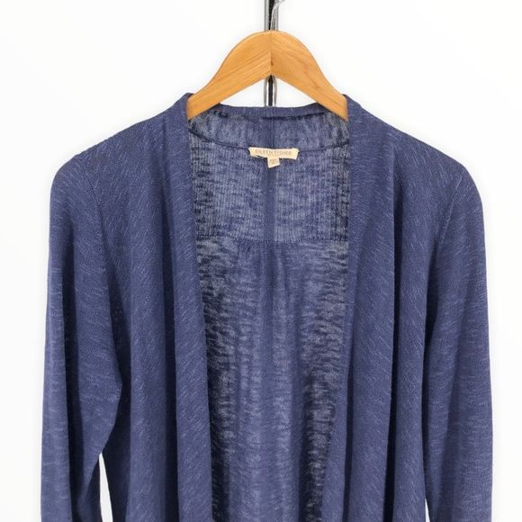 Eileen Fisher Blue Linen Cotton Open Waterfall Long Sleeve Knit Cardigan size PL - Picture 2 of 10